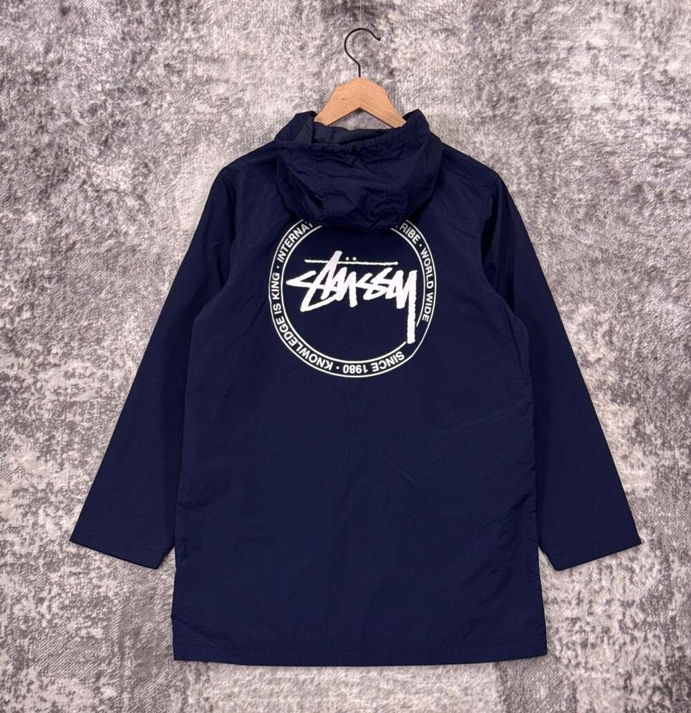 STUSSY Jacket Small Mens Blue Nylon Snap Front Long Hooded Lightweight Coat